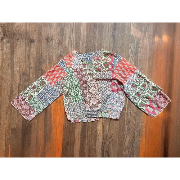 Vintage 70s Boho Patchwork Crop Top | Cotton Sheer Smocked Waist Blouse | Bell S - Picture 5 of 6